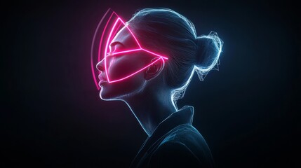 Poster - Woman's face is shown in a neon color with a triangle on her forehead. The image has a futuristic and sci-fi vibe to it