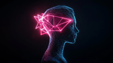 Poster - Woman's head is lit up in neon colors. The image is abstract and futuristic, with a sense of technology and artificial intelligence. The woman's face is the main focus, but the surrounding lines