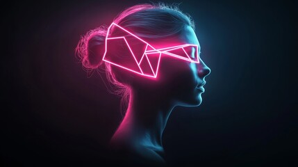 Poster - Woman's face is lit up in neon colors. The image is abstract and surreal, with the woman's face being the main focus. The colors and shapes create a sense of movement and energy