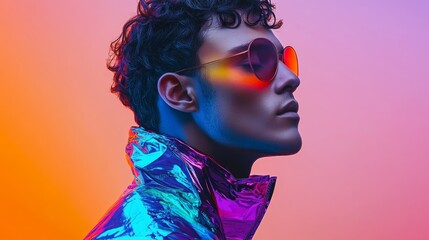 Poster - Man wearing sunglasses and a jacket is standing in front of a purple background. The man's outfit is colorful and eye-catching, with the sunglasses adding a stylish touch
