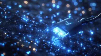 Poster - Floating charger cable with a soft glowing light, modern and artistic tech aesthetic