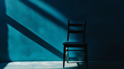 Poster - sunlight casts dramatic shadows on a solitary chair in a minimalist room