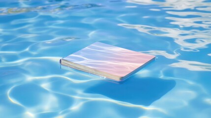 Poster - Floating notebook in a clean water pool, calm and serene writing concept with bright reflections