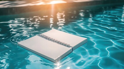 Poster - Floating notebook in a clean water pool, calm and serene writing concept with bright reflections