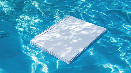 Poster - Floating notebook in a clean water pool, calm and serene writing concept with bright reflections