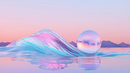Fototapete - Futuristic 3D visualization of a holographic or iridescent abstract hovering fabric shape in front of a colorful background