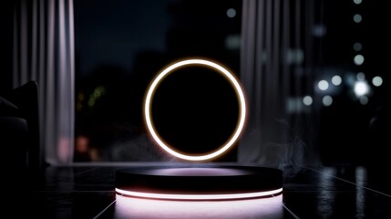 Poster - Constructing a digital sky-fi component for a presentation product that features a cyberpunk-style blank display, stage, magic portal, and podium, accompanied by circle portals, teleports, and