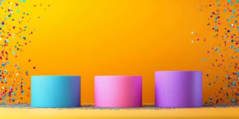 Poster - Yellow background with three colorful pillars in the foreground. The pillars are pink, purple, and blue. The background is covered in confetti, giving the impression of a celebration