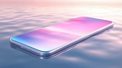 Poster - Futuristic digital concept, smartphone placed on a transparent water background with soft reflections
