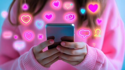 Poster - Glowing neon social media elements surrounding a smartphone held by a woman's hand, futuristic and minimal