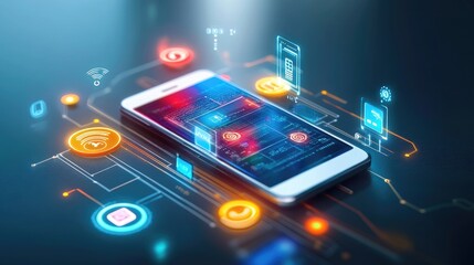 Poster - Glowing mobile app interface concept, futuristic digital communication icons around a smartphone