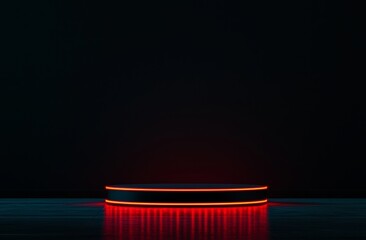 Poster - Red circle portals, teleportation, and hologram rooms are key elements, along with blank displays, stages, or magic portals, and podiums for showcasing products in a futuristic cyberpunk setting,