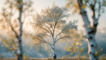Wall Mural - majestic birch trees bathed in morning mist at dawn in a tranquil natural setting