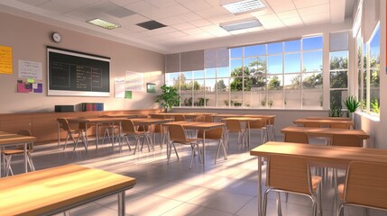 Poster - High school classroom setup in a D illustration, digital board, clean layout, organized desks, and bright atmosphere