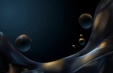 Poster - The background features an abstract design with gold and black tones, incorporating a smooth line, a wavelike shape, and a sparkling visual effect