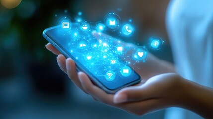 Poster - Minimalist concept of a female hand holding a phone with neon social media symbols appearing around it, digital network theme