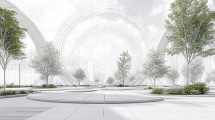 Poster - Abstract cityscape with wireframe structures and green trees in a white setting