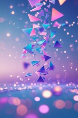 Poster - colorful geometric shapes cascade in a surreal digital landscape with glowing bokeh background effec