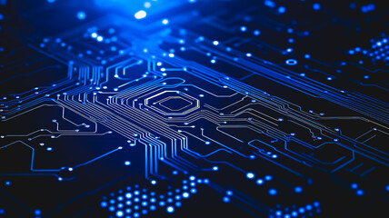 Poster - tech circuitry: a close-up view of a detailed circuit board, illuminated with a cool blue light, sho