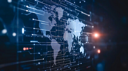 Poster - Global Network: A captivating digital rendering of the world map, interwoven with a complex network of data streams, signifying global connectivity.