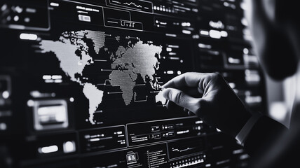 Canvas Print - Global Insights: A figure intently interacts with a massive digital display showcasing a world map and data, symbolizing interconnectedness and the power of information.