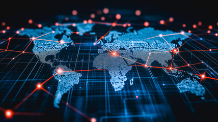 Poster - Global Connectivity: A stunning, futuristic visualization of a digital world map, with interconnected nodes and lines representing global data flow, reflecting interconnectedness.