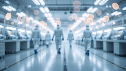 Poster - scientists in protective gear working in a cleanroom laboratory during a research session in the eve