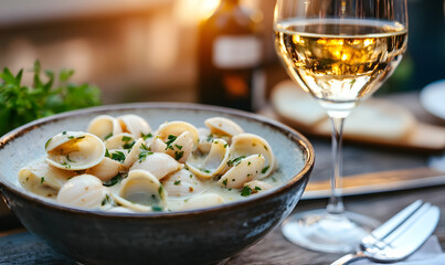 Wall Mural - Bowl of steamed vongole in creamy sauce with herbs, Generative AI