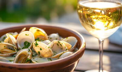 Wall Mural - Bowl of steamed vongole in creamy sauce with herbs, Generative AI