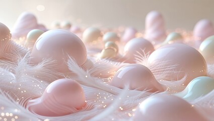 Poster - soft pastel orbs nestled among delicate feathers create an ethereal atmosphere in a serene indoor se