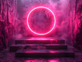 Poster - Futuristic Neon Ring Hovering on Subtle Platform for Bold Product Presentation