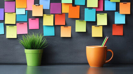 Aufkleber - A vibrant workspace features colorful sticky notes on a dark wall, a small plant, and an orange mug with pens, creating an inspiring and organized atmosphere