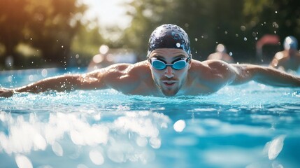 Professional swimmer performing butterfly stroke in a competition