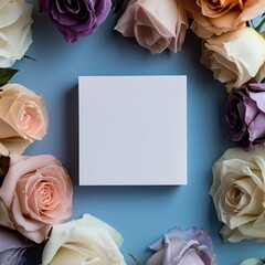 Poster - The image presents a minimalist background with pastel hues and an arrangement of colorful roses in a flat lay of minimal flowers