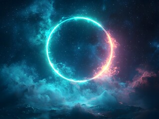 Poster - Pulsating Neon Circle Hovering in Vibrant Starry Cosmic Background