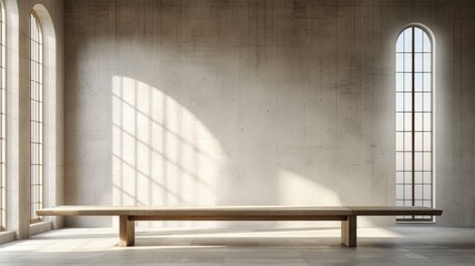Poster - A minimalist interior featuring a long wooden bench against a concrete wall, illuminated by soft light filtering through arched windows.