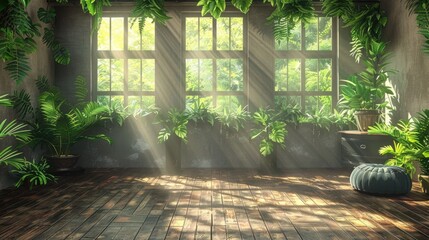 Poster - A sunlit room filled with lush greenery, featuring large windows that let in natural light, creating a serene and inviting atmosphere.