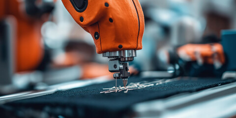 Poster - robotic arm skillfully creates intricate embroidery on fabric, showcasing advanced technology