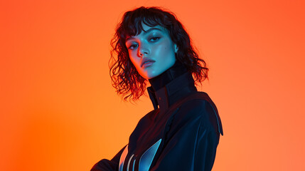 Poster - woman with curly hair poses confidently in futuristic outfit against vibrant orange background