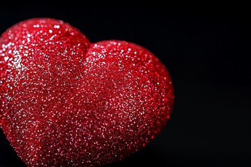 Poster - A Valentine's Day card background with red hearts and glitter bokeh on a black background is perfect for Valentine's Day, Christmas, and wedding celebrations, and features a love bokeh and shiny
