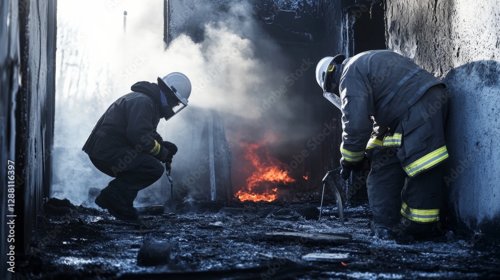 Criminal investigation at an arson scene. Featuring fire investigators ...