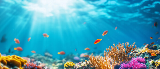 Poster - vibrant coral reef teeming with colorful marine life under clear blue water