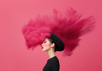 Aufkleber - woman in profile with vibrant pink makeup and hat, surrounded by dramatic pink powder explosion