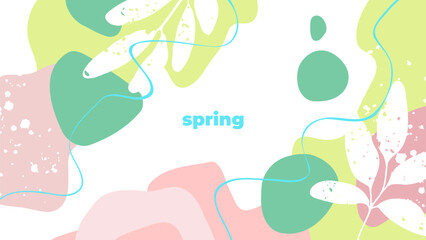 Poster - Spring abstract background with various hand drawn dynamic shapes, blue wavy lines and white leaves for Springtime season creative graphic design. Vector illustration.