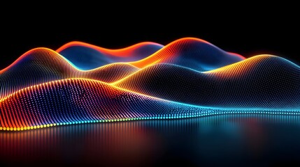 Poster - Vibrant Neon Line Pattern Forming Dynamic Abstract Shapes on Reflective Dark Surface