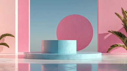 Poster - The design features a 3D rendering of a circular platform on water, incorporating glass wall panels, as a minimalist mockup for product showcases on a banner, presented in a modern style with a