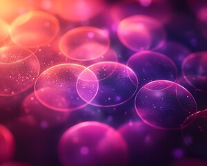 Wall Mural - Vibrant Neon Overlapping Glowing Circles in Pink and Purple on Dark Gradient Background Dynamic Playful Abstract Display Concept