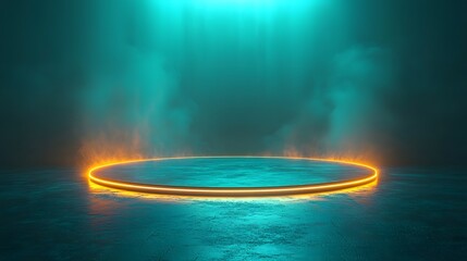 Poster - Glowing Neon Platform with Pulsating Rings in Futuristic Space Backdrop for Product Concept Display