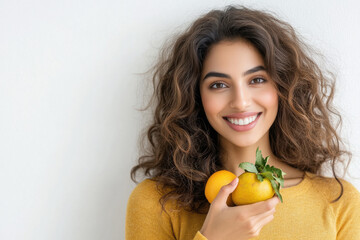 happy indian woman holding fruit in hand