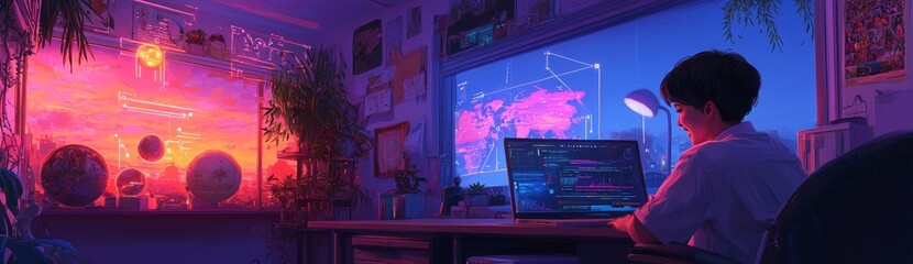 Poster - A happy working woman's smile is a hallmark of digital business, where the use of laptops to connect data on digital marketing networks enables business growth on the global network, driven by